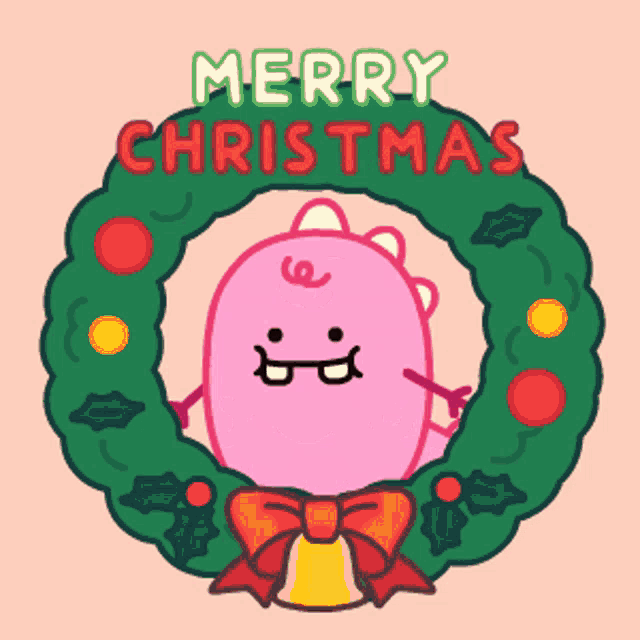 a pink monster is in a christmas wreath with the words merry christmas
