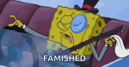 a cartoon of spongebob wearing a top hat and holding a cane with the words famished written on it .