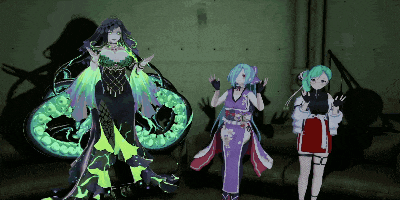 three anime characters are standing next to each other with their shadows on the wall