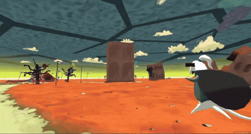 a cartoon drawing of a person wearing a virtual reality headset in a desert