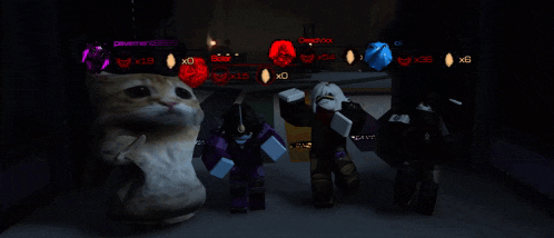 a screenshot of a video game with a cat in the foreground and a few characters in the background