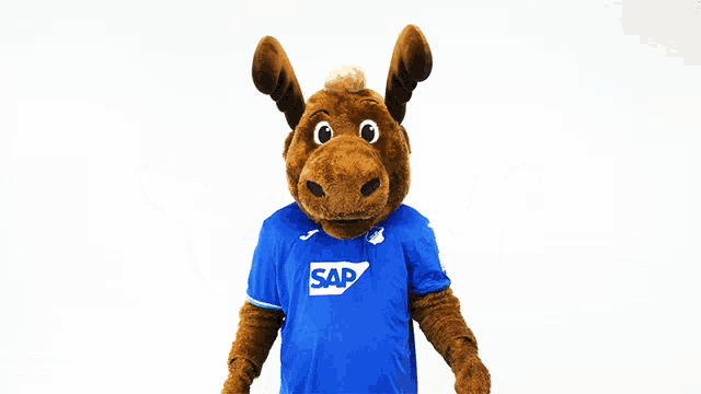 a moose mascot is wearing a blue shirt with the word sap on it