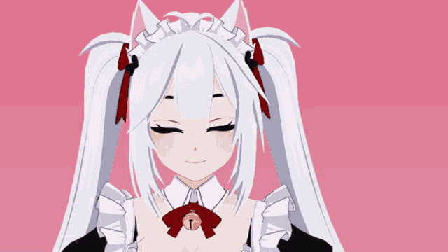 a girl with white hair is wearing a cat ear maid outfit