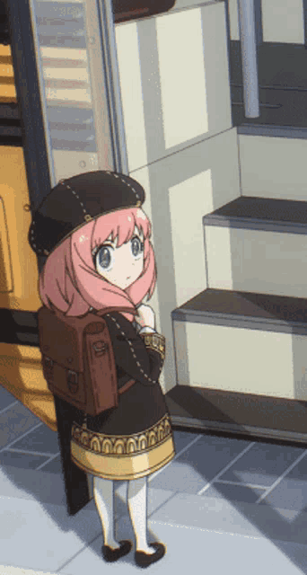 a little girl with pink hair and a backpack