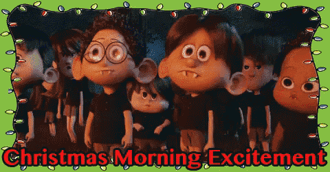 a christmas morning excitement greeting with cartoon characters