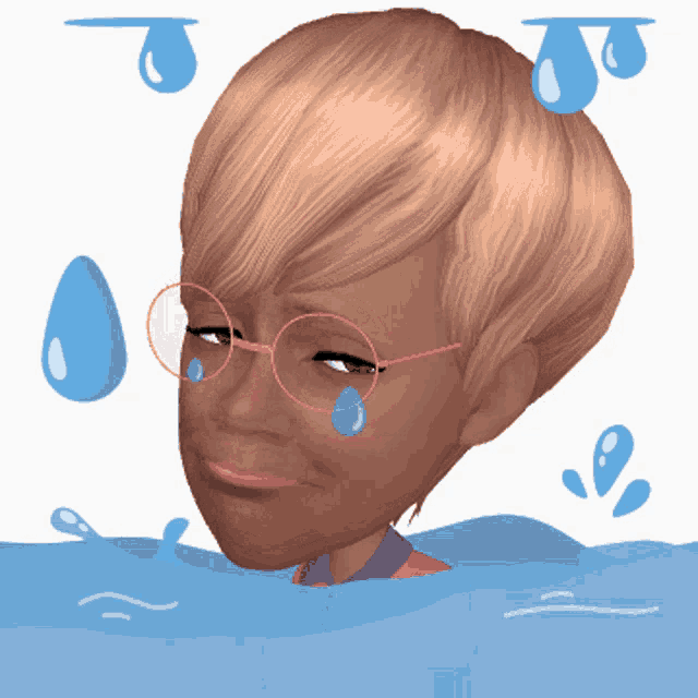a cartoon of a girl with glasses and tears on her face