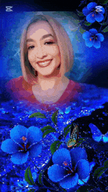 a picture of a woman with blue flowers and butterflies