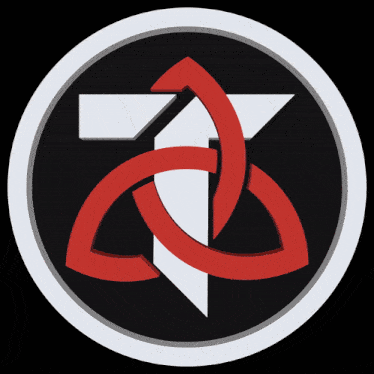 a red and white symbol in a circle with a black background