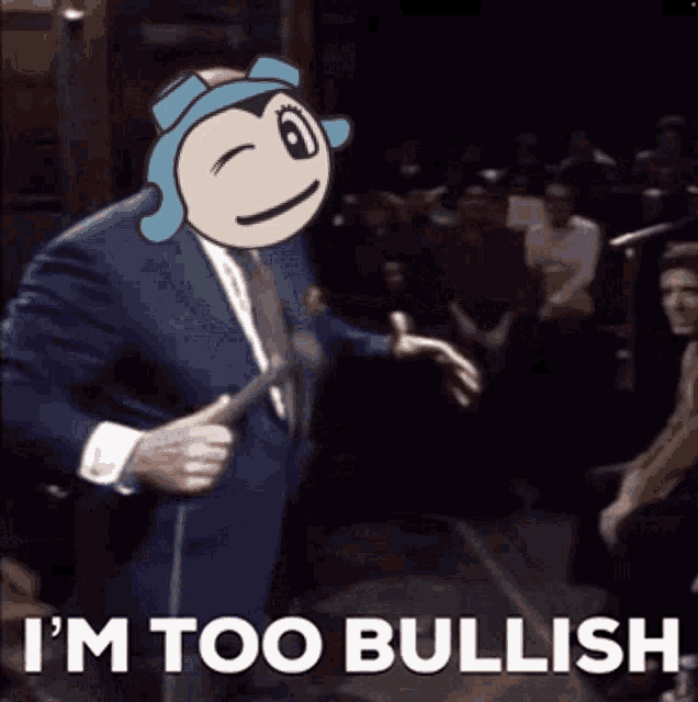 a man in a suit is holding a microphone and says " i 'm too bullish " in front of a crowd