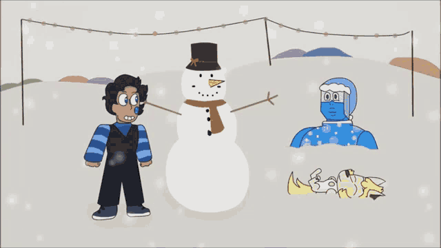 a cartoon of a boy standing next to a snowman with a top hat