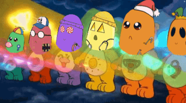 a group of cartoon characters are standing next to each other with one wearing a hat with the number 1 on it