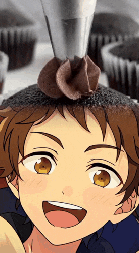 a cartoon character with a cupcake on his head with chocolate frosting