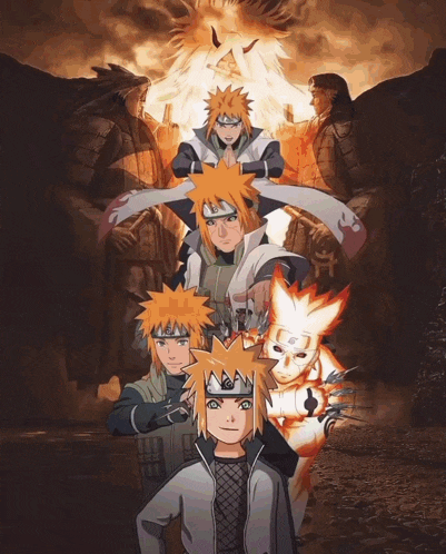a group of anime characters with orange hair are standing next to each other on a poster