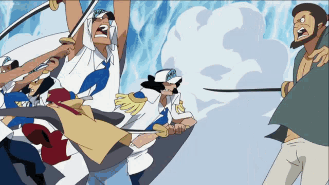 a group of cartoon characters are fighting each other with swords