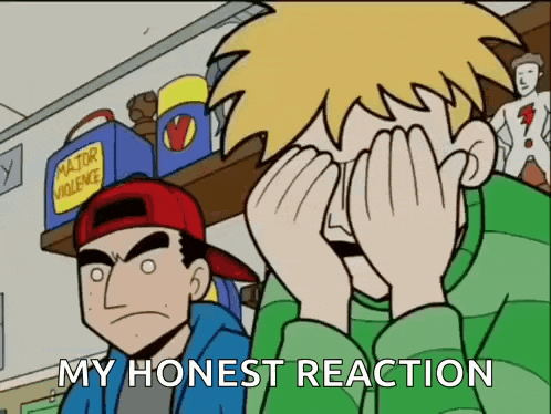 a cartoon of a boy covering his face with his hands and the words `` my honest reaction ''