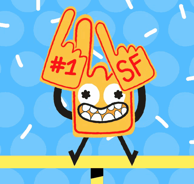 a cartoon character holds up foam fingers that say # 1 and sf