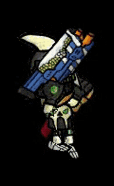 a cartoon drawing of a skeleton holding a blue gun