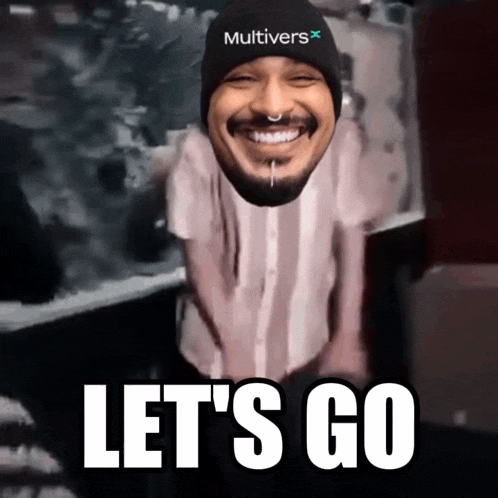 a man wearing a hat that says multivers on it smiles and says let 's go