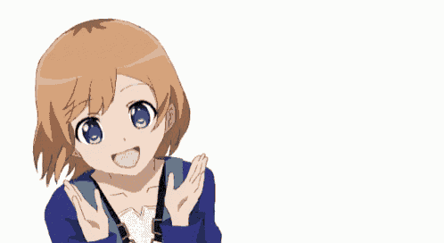 a girl with brown hair and a blue jacket is smiling with her hands outstretched