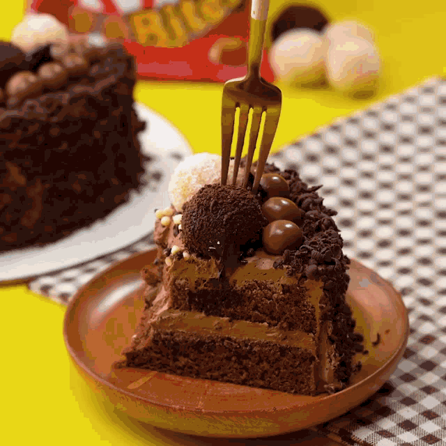 a slice of chocolate cake with a fork in it
