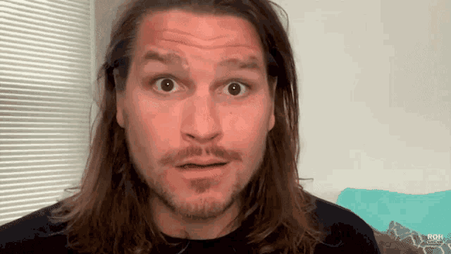 a man with long hair and a beard looks at the camera with roh written on the bottom