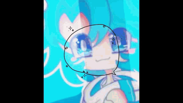 a close up of a drawing of a girl with blue hair and a speech bubble .