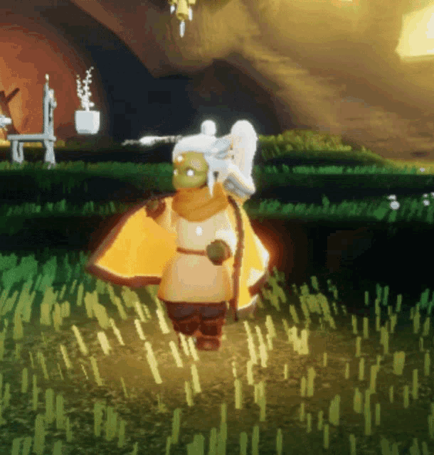 a cartoon character is standing in a field with a yellow cape