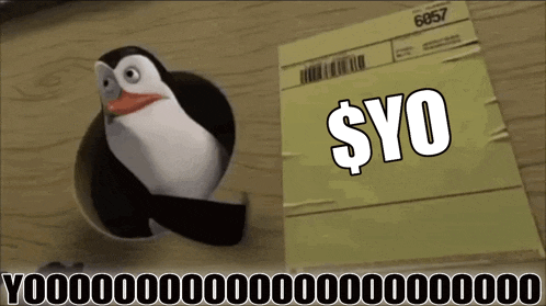 a picture of a penguin next to a piece of paper that says syo