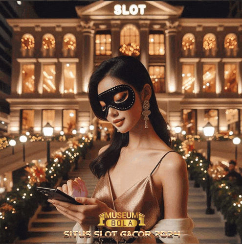 a woman wearing a mask is looking at her phone in front of a building with the word slot on it