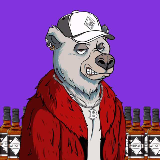 a cartoon of a bear wearing a fur coat and a hat with a necklace with the letter b on it