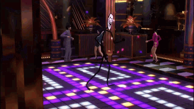 a stick figure is dancing on a dance floor with purple lights
