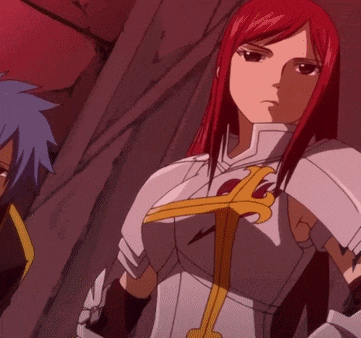 a girl with red hair and a sword in her chest
