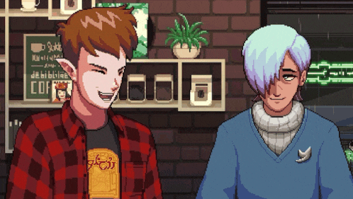 a pixel art drawing of two men laughing in front of a sign that says coffee on it