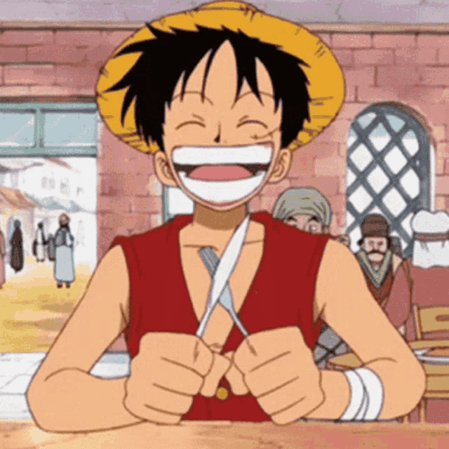 monkey d luffy from one piece is holding a knife and fork
