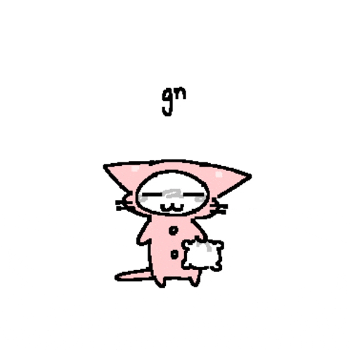 a cartoon drawing of a cat wearing a pink cat costume and holding a white pillow .