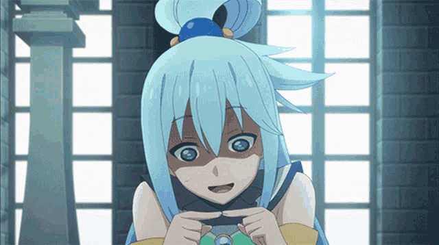 a girl with blue hair is making a face