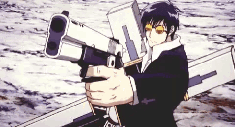 a man in a suit and sunglasses is holding a gun and a sword .