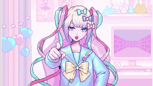 a pixel art drawing of a girl with bows in her hair