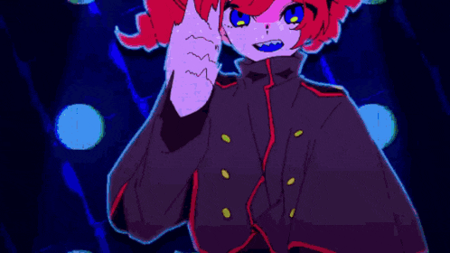 a pixel art drawing of a person with red hair pointing at the viewer