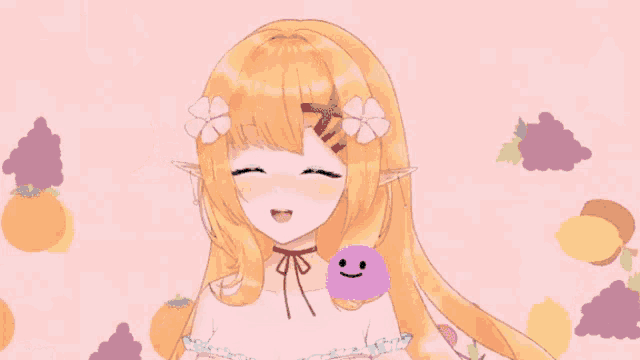 a girl with a flower in her hair has a pink smiley face on her shoulder