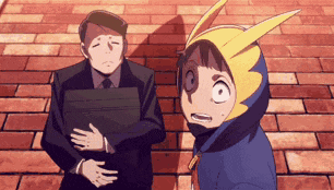 a man in a suit is holding a briefcase next to a boy in a blue hoodie