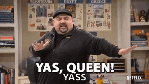 a man with his arms outstretched says yas queen yass in front of a netflix poster