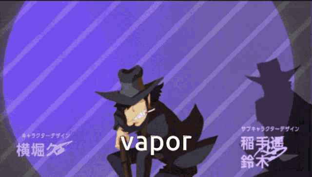 a man in a black hat is holding a gun and the word vapor is on the bottom