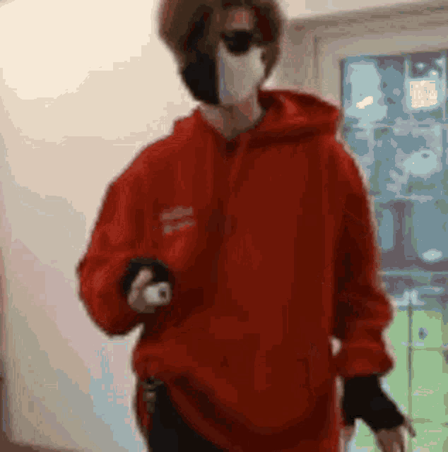 a man wearing a red hoodie and a mask is standing in front of a window .