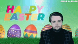 a man is standing in front of easter eggs with the words happy easter written in the background