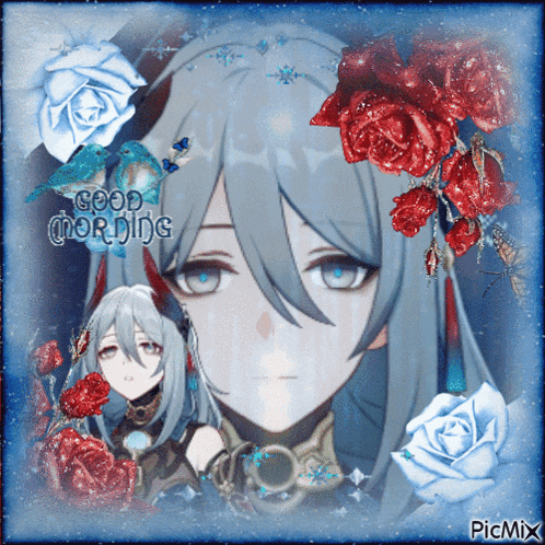 a picture of a girl with roses and butterflies and the words good morning