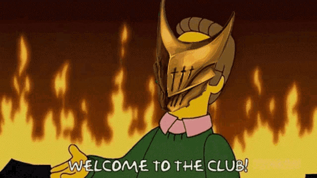 a cartoon character says " welcome to the club " in front of flames