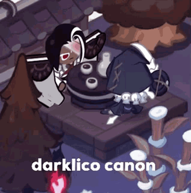 a couple of cartoon characters sitting on a table with the words darklico canon written on the bottom .