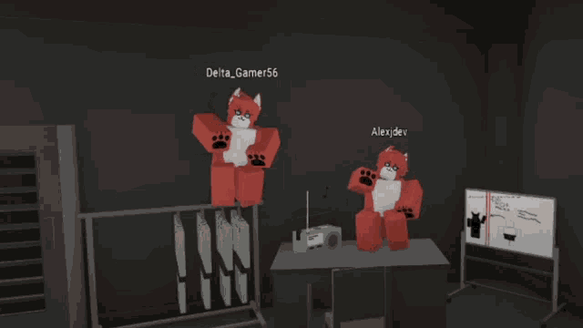 two foxes are standing next to each other in a room with the name delta gamer56 written on the wall above them