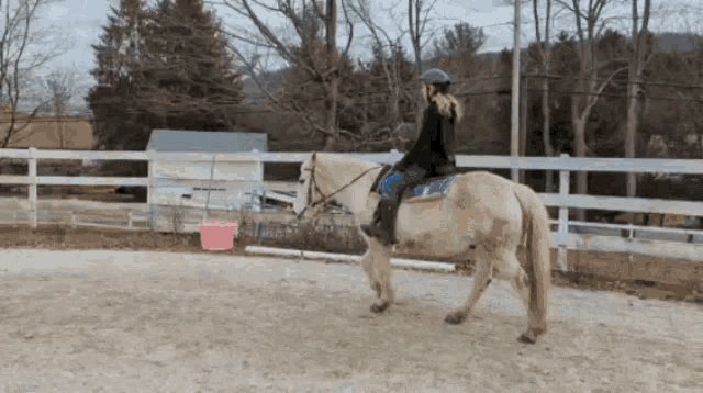 a woman riding a horse with a blue saddle